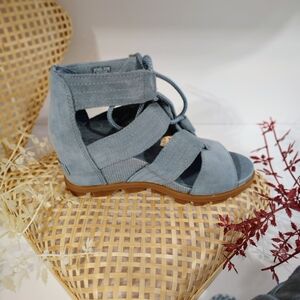 Sorel Light Blue Suede Lace-Up Wedge Sandal
